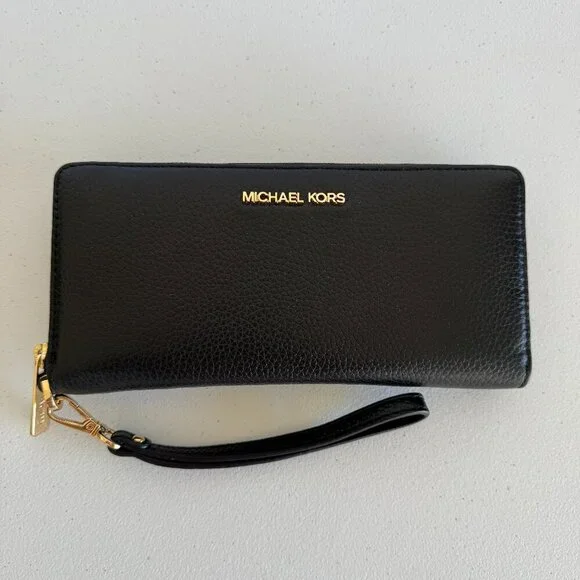 Michael Kors Black Leather Wristlet Wallet – Gold Hardware NWOT - Picture 1 of 4
